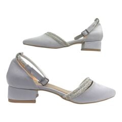 Gümüş Rengi Taş Detaylı Düşük Topuk Abiye Ayakkabı