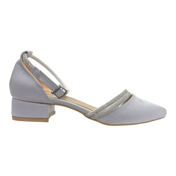 Gümüş Rengi Taş Detaylı Düşük Topuk Abiye Ayakkabı