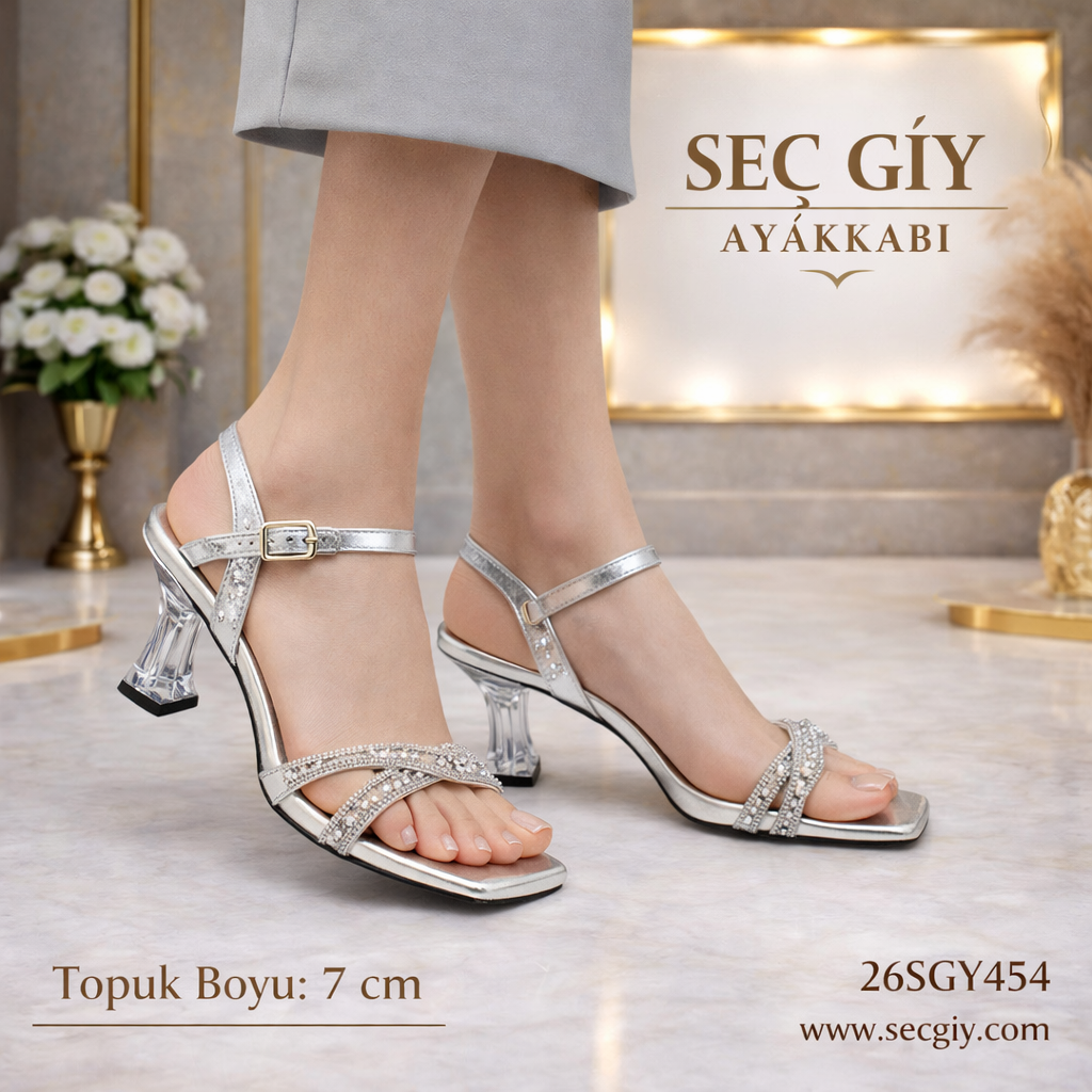Gümüş Taş Detaylı Şeffaf Topuklu Kadın Sandalet – 7 cm Abiye Model