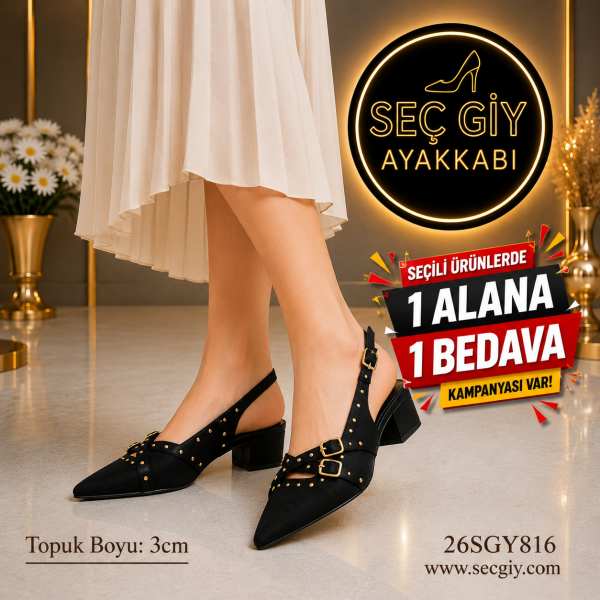 Siyah Kadın Slingback Babet Ayakkabı Sivri Burun 3 cm