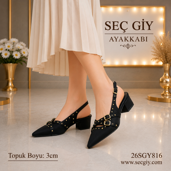 Siyah Kadın Slingback Babet Ayakkabı Sivri Burun 3 cm