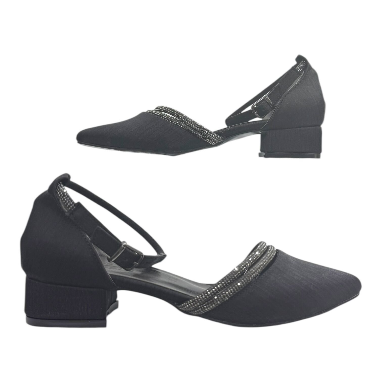 Siyah Simli Taş Detaylı Düşük Topuk Abiye Ayakkabı