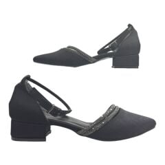 Siyah Simli Taş Detaylı Düşük Topuk Abiye Ayakkabı