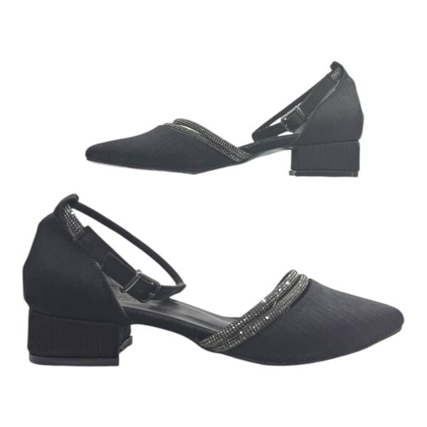 Siyah Simli Taş Detaylı Düşük Topuk Abiye Ayakkabı