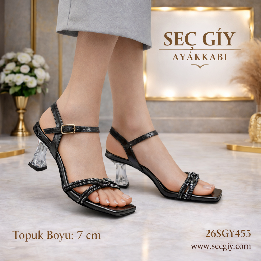 Siyah Taş Detaylı Şeffaf Topuklu Kadın Sandalet