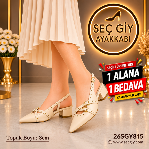 Krem Kadın Babet Ayakkabı Sivri Burun 3 cm