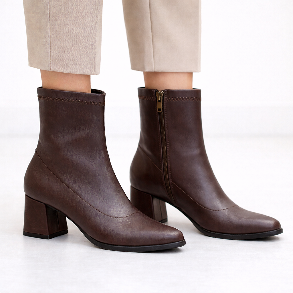 Kahverengi Kadın Bilek Botu Kalın Topuk Küt Burun Sade Model