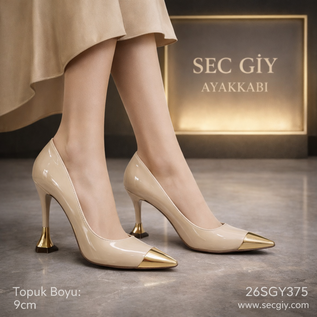 Bej Rugan 9 cm İnce Topuklu Gold Burun Detaylı Kadın Stiletto