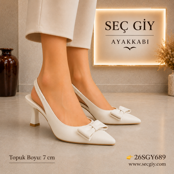 Krem Fiyonk Detaylı Zarra Kumaş Kadın Topuklu Ayakkabı 7CM