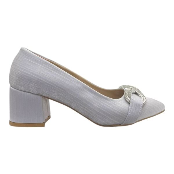 Gümüş Parlak Kalın Topuk Taşlı Abiye Ayakkabı