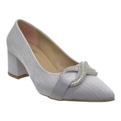 Gümüş Parlak Kalın Topuk Taşlı Abiye Ayakkabı