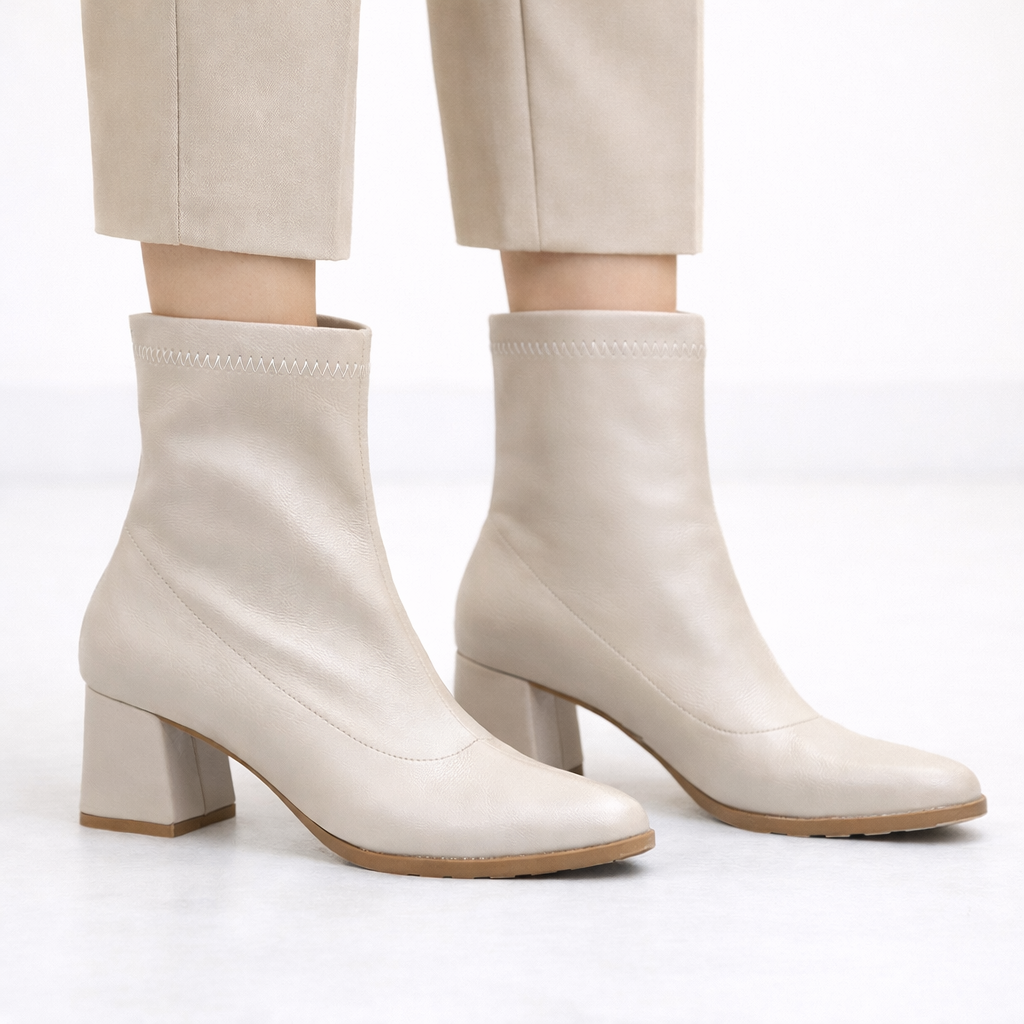 Bej Kadın Bilek Botu Kalın Topuk Yuvarlak Burun Zigzag Dikişli