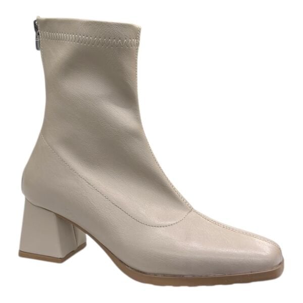 Bej Kadın Bilek Botu Kalın Topuk Yuvarlak Burun Zigzag Dikişli