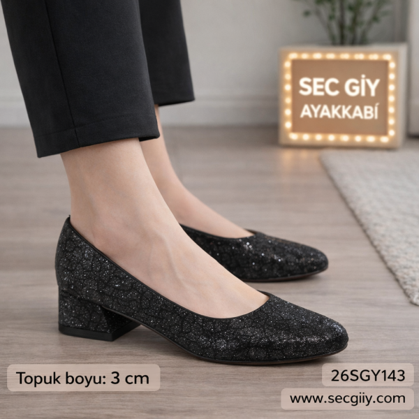Siyah Simli Bayan Topuklu Ayakkabı – 3 cm Rahat ve Şık Günlük Model