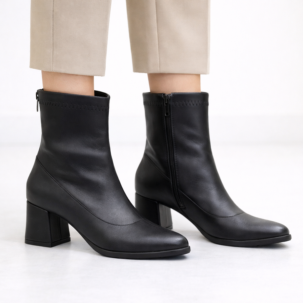 Siyah Kadın Bilek Botu Kalın Topuk Yuvarlak Burun Fermuarlı