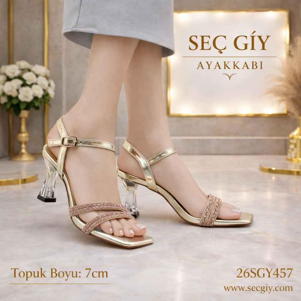 Altın Taş Detaylı Şeffaf Topuklu Kadın Sandalet – 7 cm