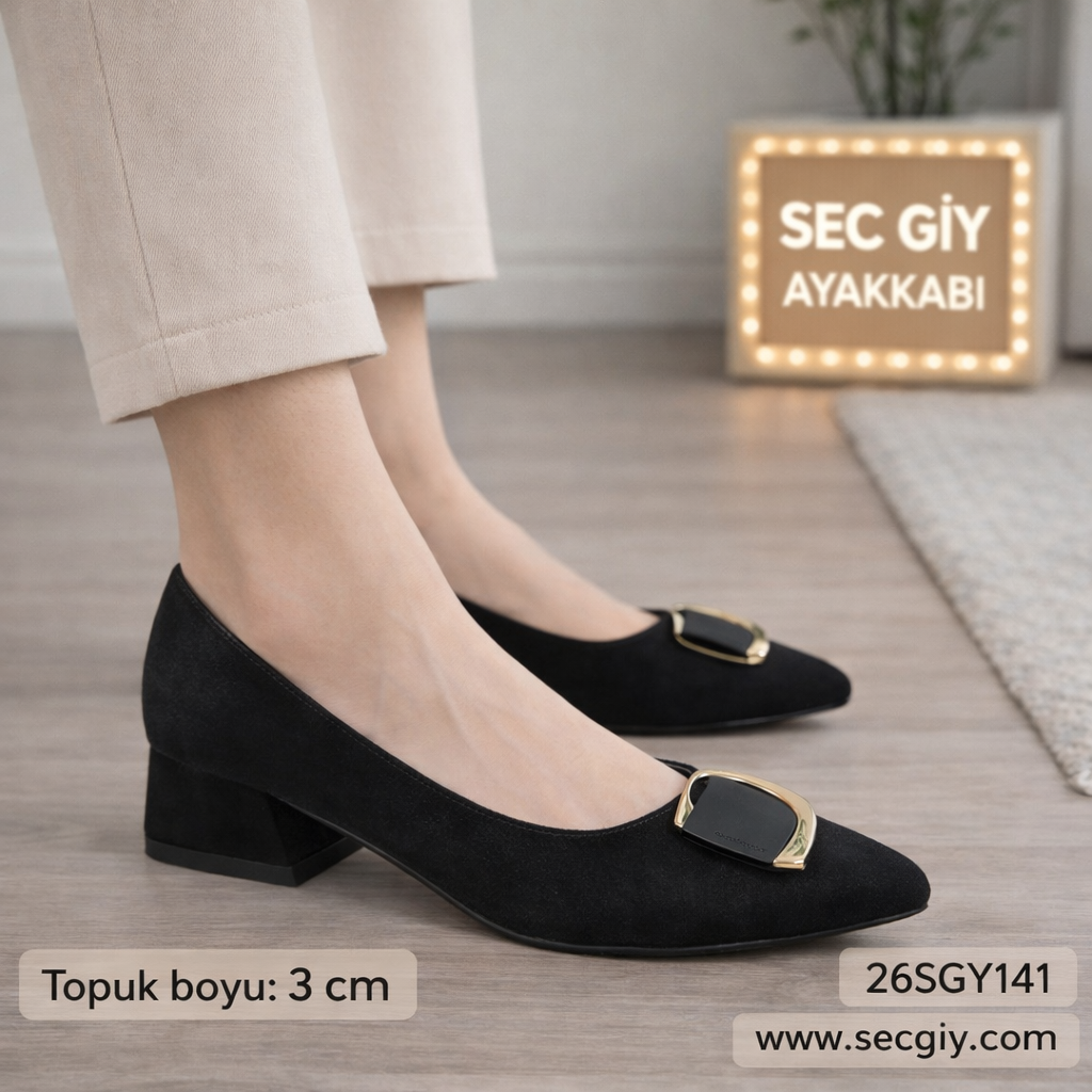 Siyah Tokalı Bayan Topuklu Ayakkabı – 3 cm Rahat Günlük Model