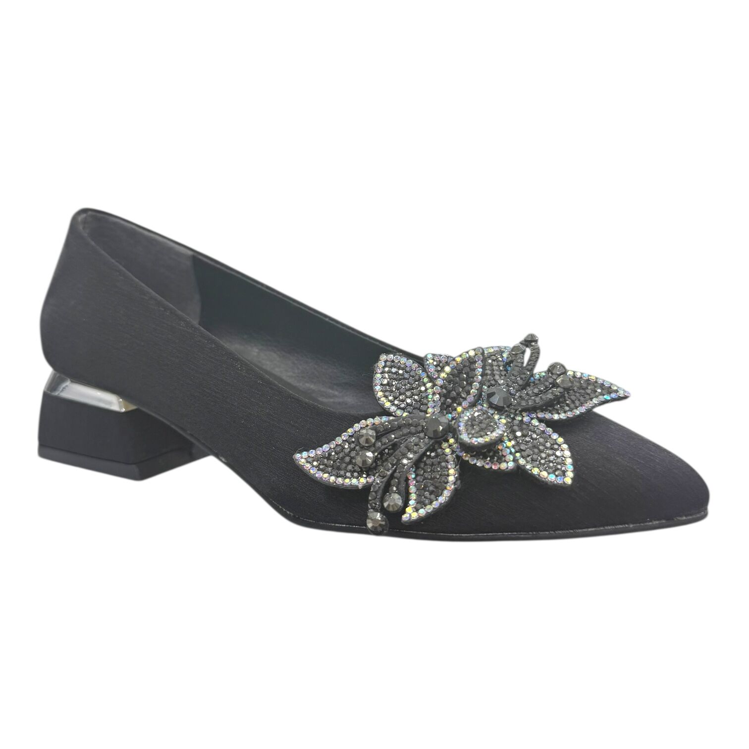 Siyah Çiçek Tokalı Parlak Kalın Topuk Abiye Ayakkabı