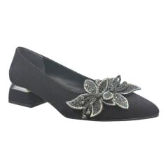 Siyah Çiçek Tokalı Parlak Kalın Topuk Abiye Ayakkabı