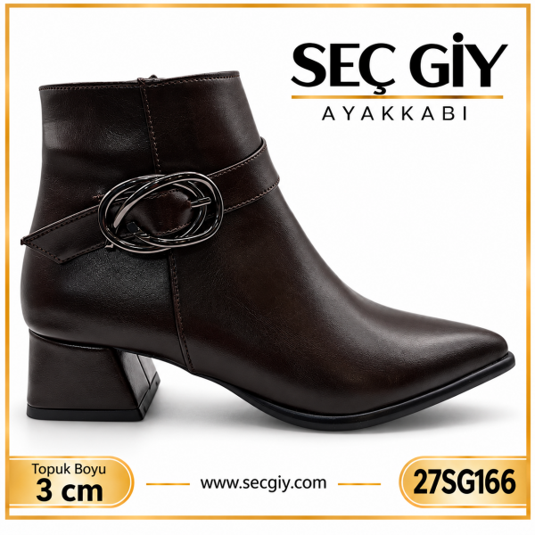 Kadın Acı Kahve Çift Halkalı Tokalı Kısa Bot 4 cm Topuklu Bayan Bot