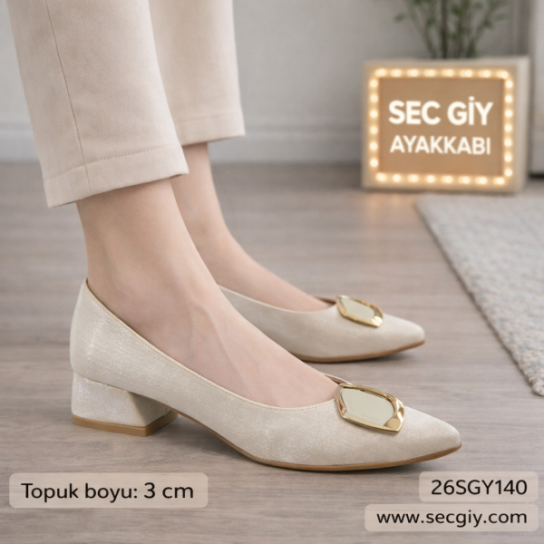 Krem Tokalı Bayan Topuklu Ayakkabı – 3 cm Rahat Günlük Model