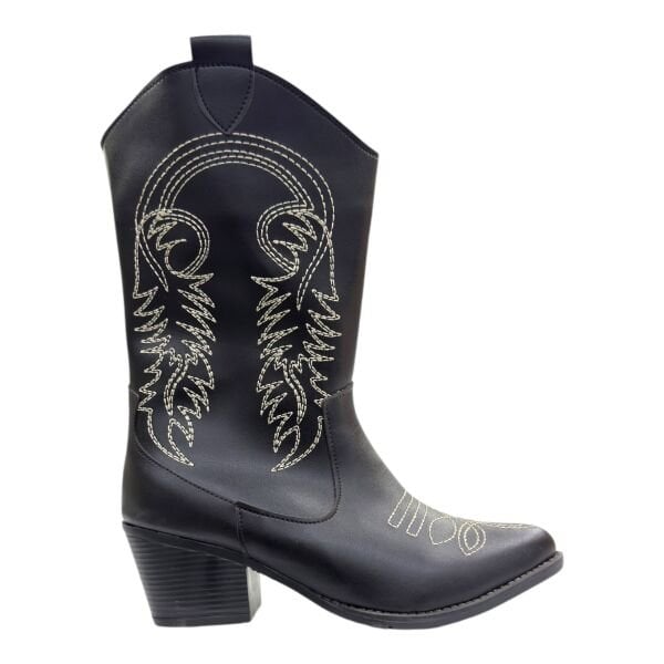 Siyah Nakış Detaylı Blok Topuklu Western Bot, Sivri Burun