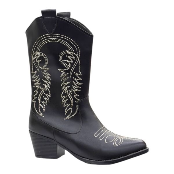 Siyah Nakış Detaylı Blok Topuklu Western Bot, Sivri Burun