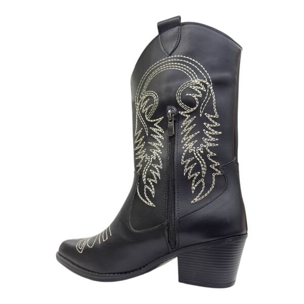 Siyah Nakış Detaylı Blok Topuklu Western Bot, Sivri Burun