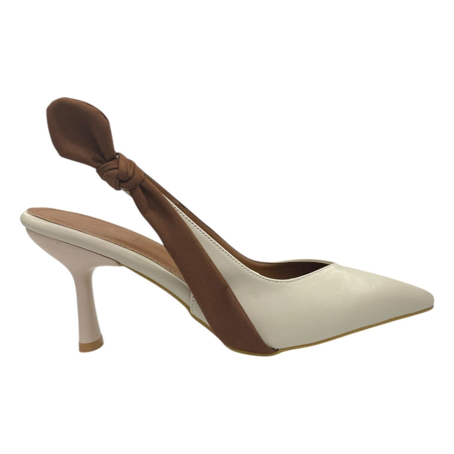 Fiyonklu Krem-Kahve Topuklu Ayakkabı