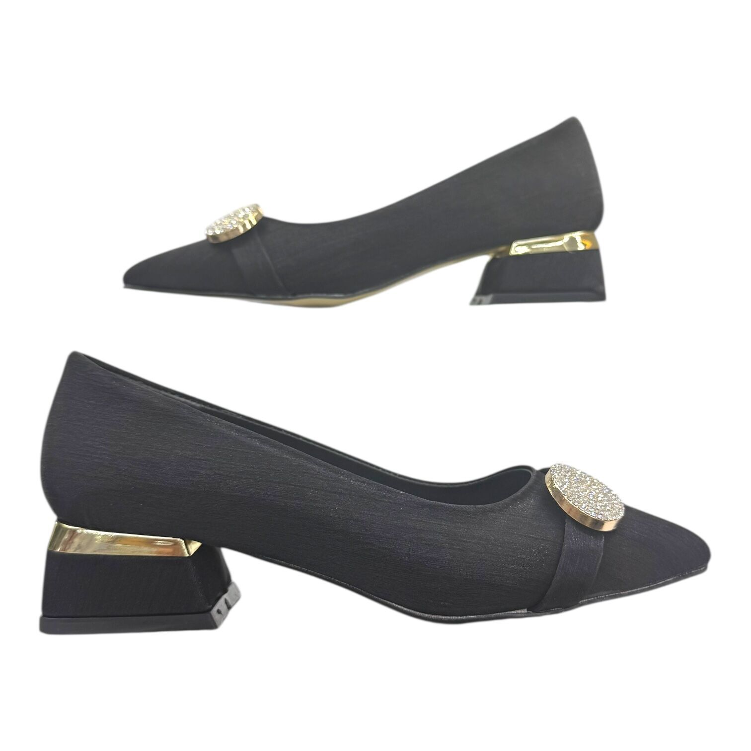 Siyah Oval Altın Tokalı Parlak Topuk Abiye Ayakkabı