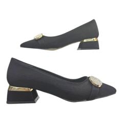 Siyah Oval Altın Tokalı Parlak Topuk Abiye Ayakkabı