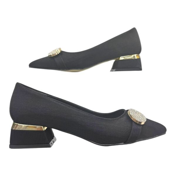 Siyah Oval Altın Tokalı Parlak Topuk Abiye Ayakkabı