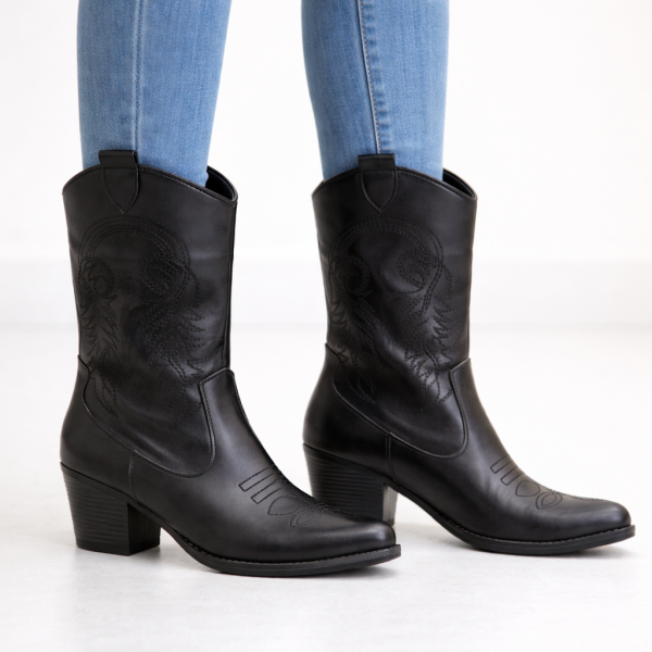 Siyah Ton Sür Ton Nakışlı Blok Topuklu Western Bot, Sivri Burun