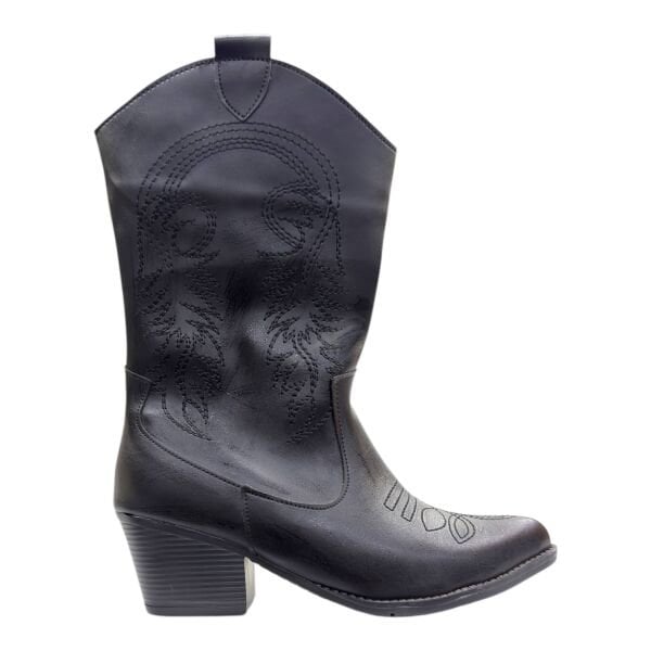 Siyah Ton Sür Ton Nakışlı Blok Topuklu Western Bot, Sivri Burun