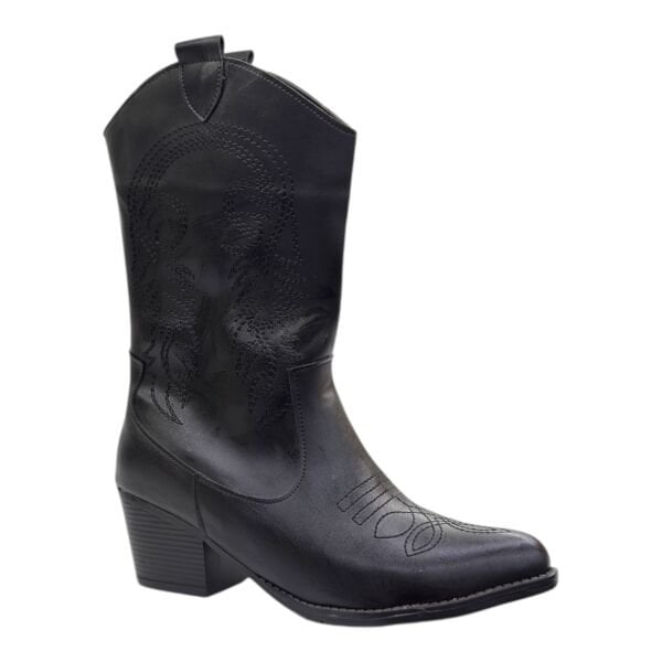Siyah Ton Sür Ton Nakışlı Blok Topuklu Western Bot, Sivri Burun