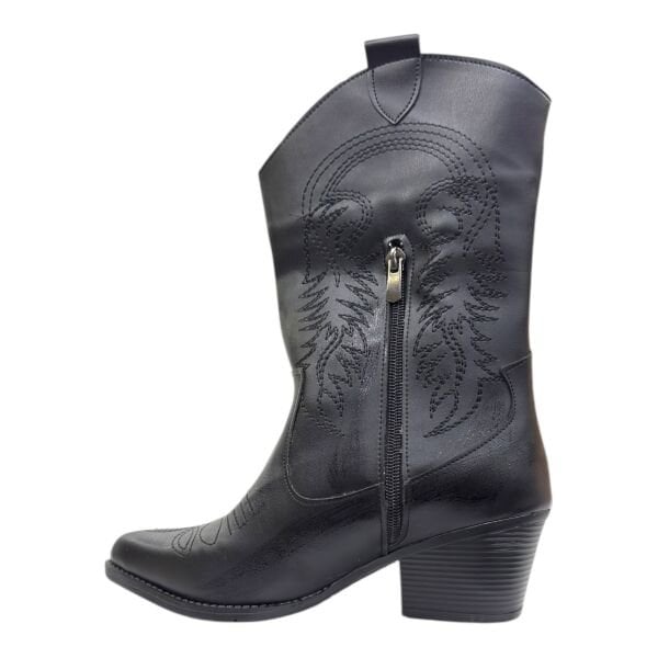 Siyah Ton Sür Ton Nakışlı Blok Topuklu Western Bot, Sivri Burun