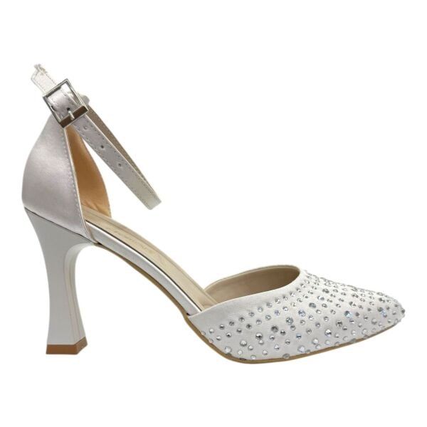 Kristal Taşlı Sivri Burun İnce Topuklu Zarif İnci Beyazı