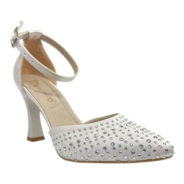 Kristal Taşlı Sivri Burun İnce Topuklu Zarif İnci Beyazı