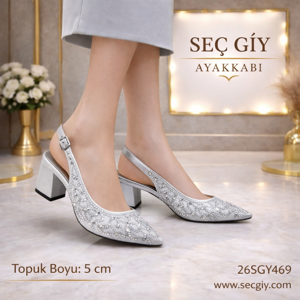 Gümüş Taş İşlemeli Sivri Burun Kadın Topuklu Ayakkabı – 5 cm