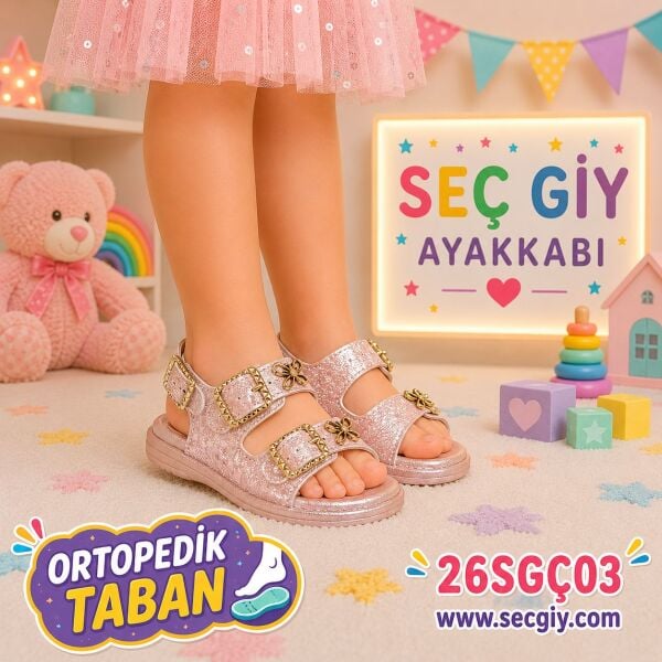 Pudra Simli Kız Çocuk Ortopedik Tabanlı Sandalet