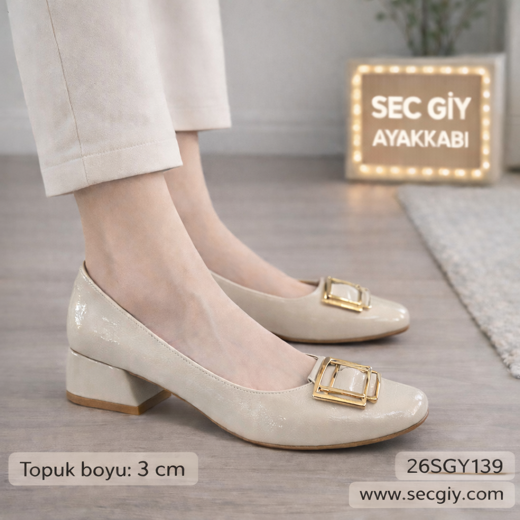 Krem Rugan Tokalı Bayan Topuklu Ayakkabı – 3 cm Günlük Rahat Model