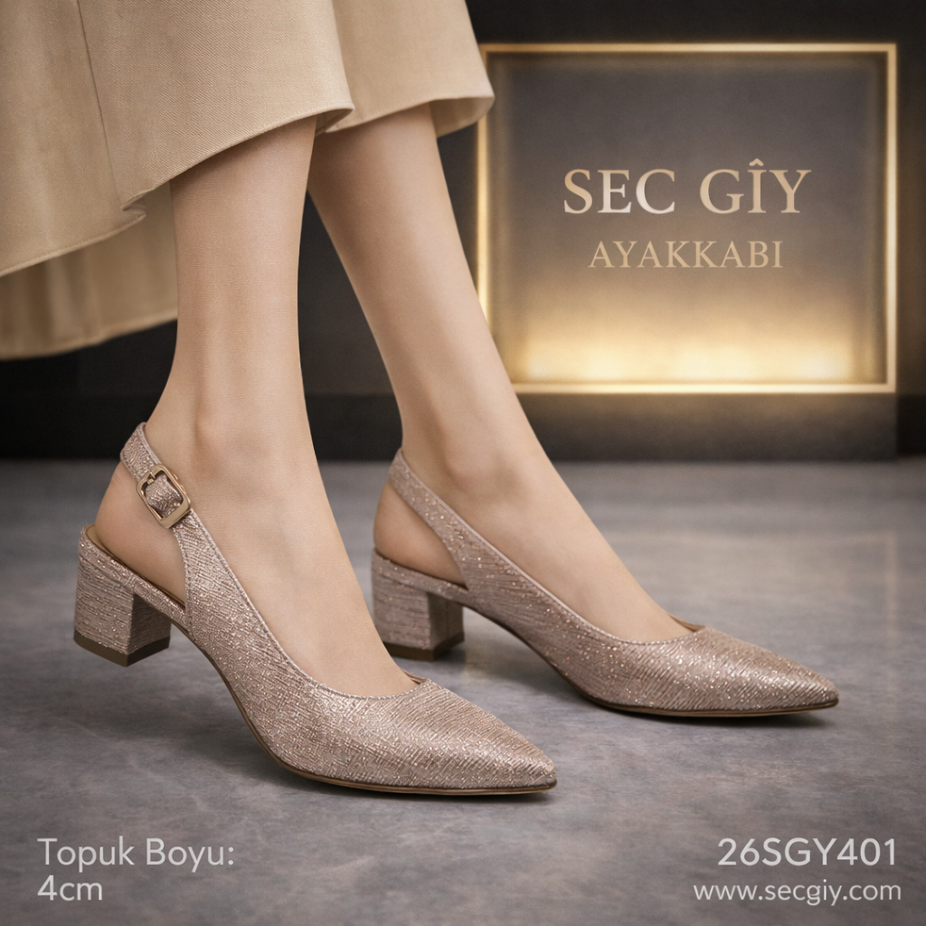 Rose Gold Simli 4 cm Topuklu Kadın Slingback Ayakkabı – Tokalı Şık Model