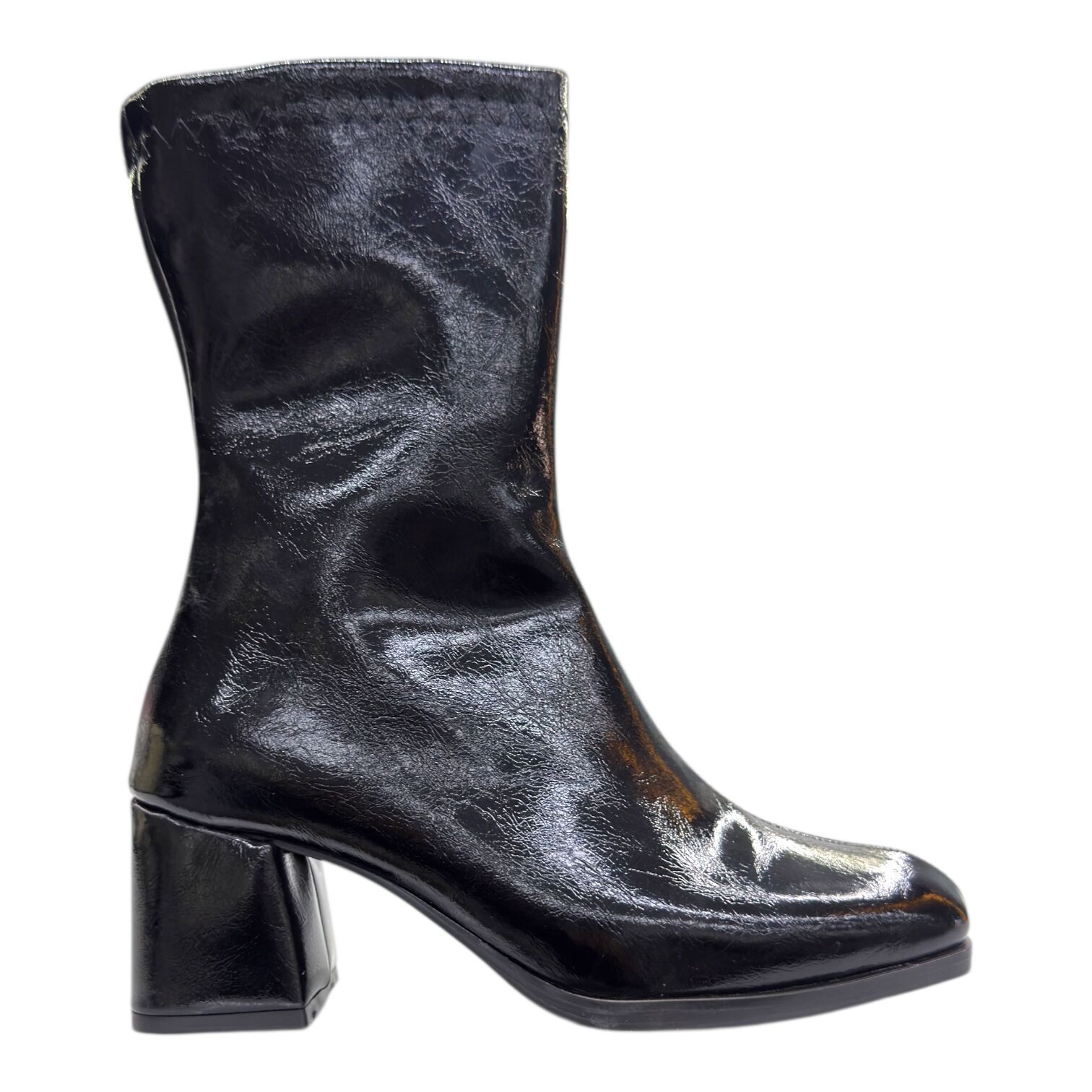 Siyah Parlak Dokulu Blok Topuklu Bilek Boy Bot, Sivri Burun