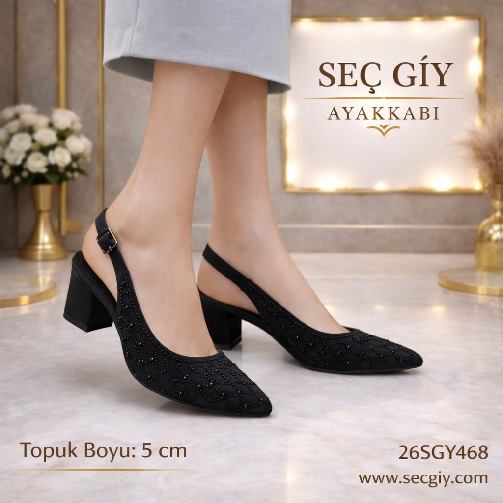 Siyah Taş İşlemeli Kısa Topuklu Kadın Ayakkabı – 5 cm
