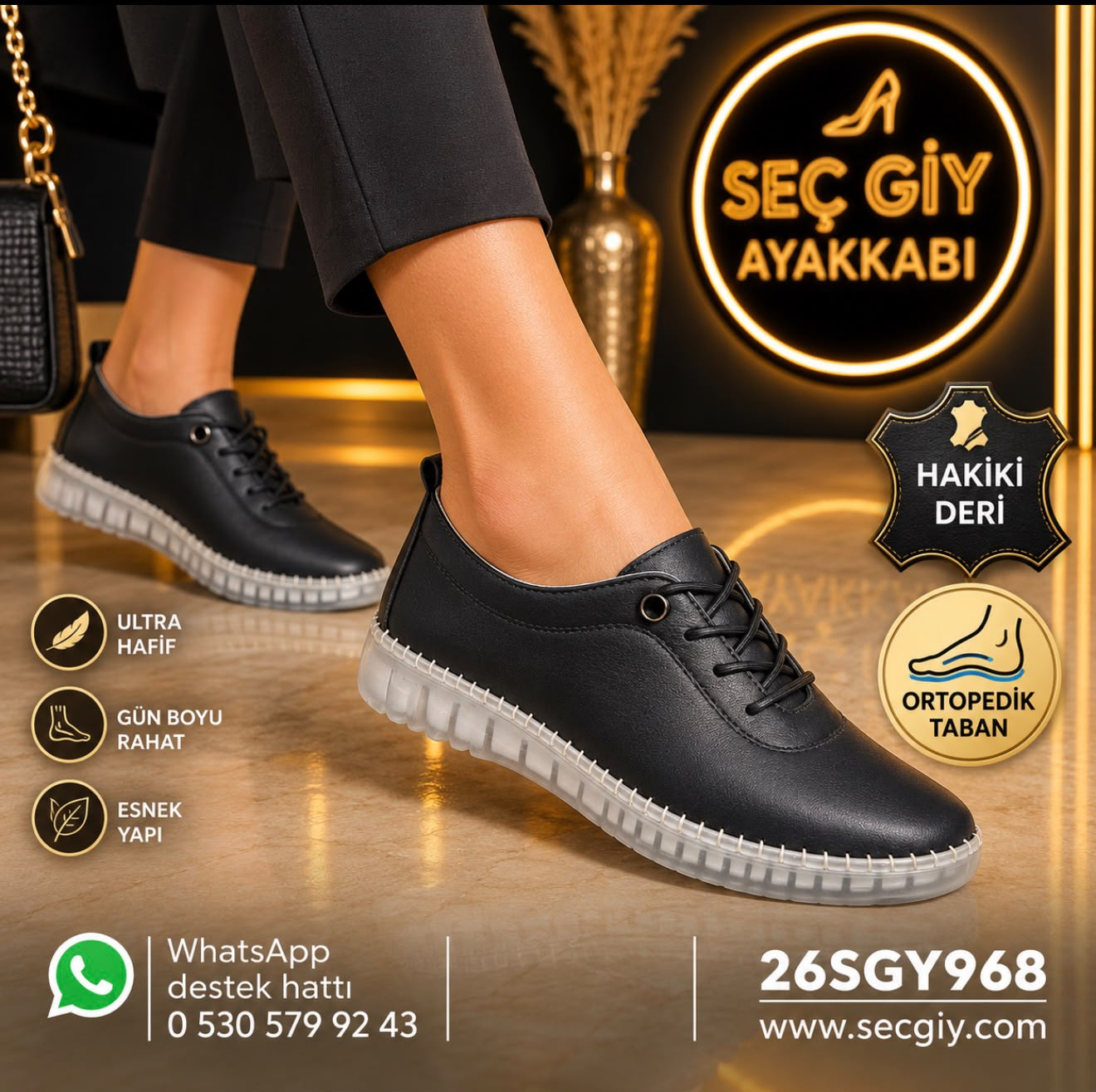 Siyah Hakiki Deri Ortopedik Kadın Ayakkabı – Ultra Hafif ve Esnek