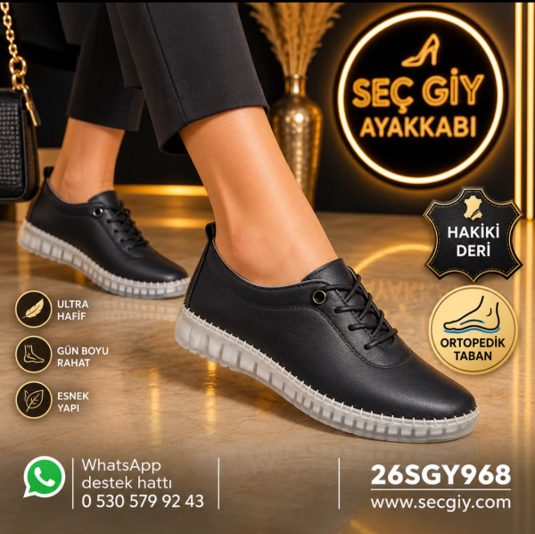 Siyah Hakiki Deri Ortopedik Kadın Ayakkabı – Ultra Hafif ve Esnek