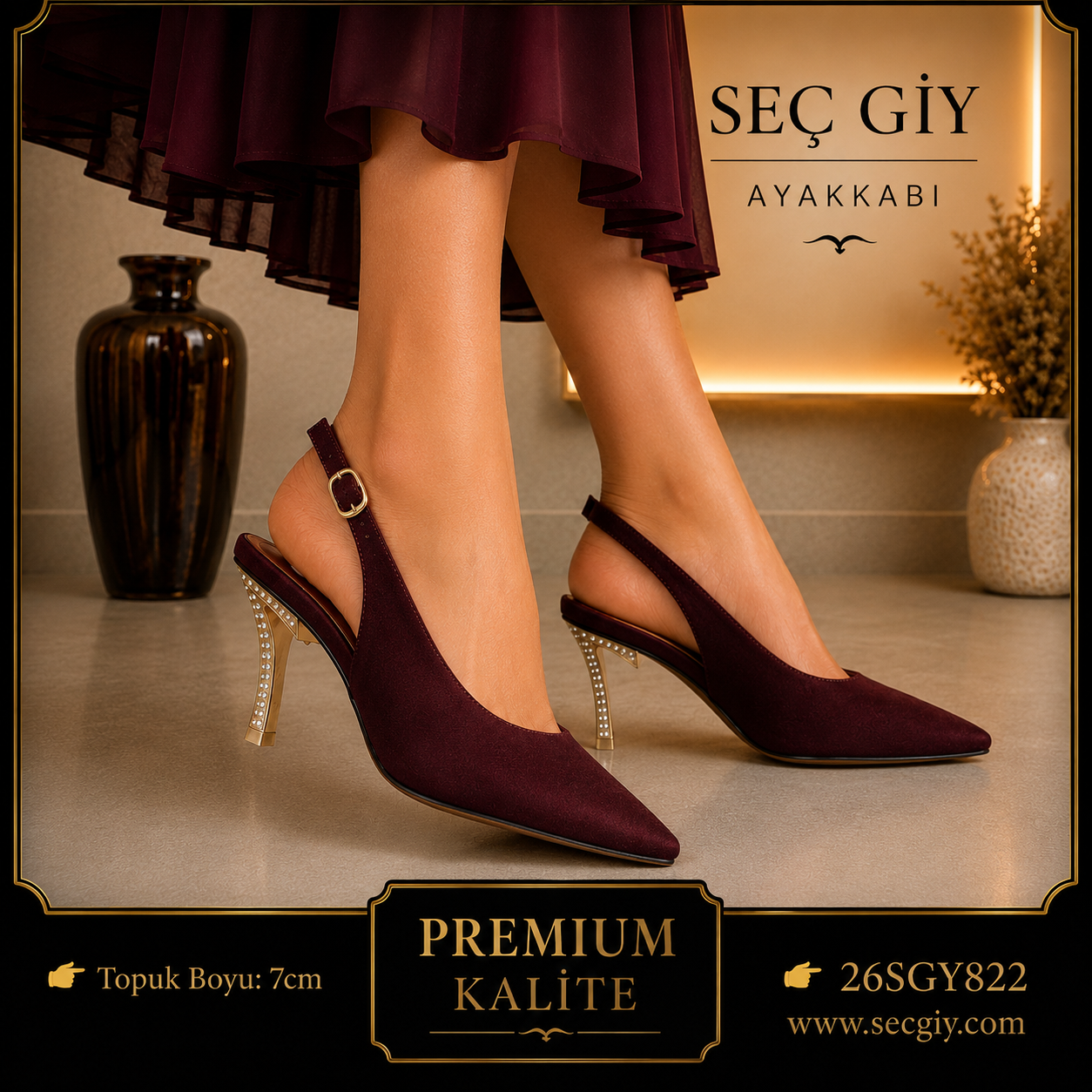 Bordo Sivri Burun Taş Detaylı Kadın Stiletto Topuklu Ayakkabı 7 cm
