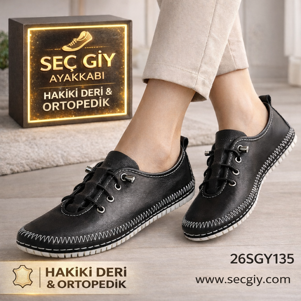 Siyah Hakiki Deri Ortopedik Bayan Günlük Ayakkabı – Bağcıklı Rahat Model