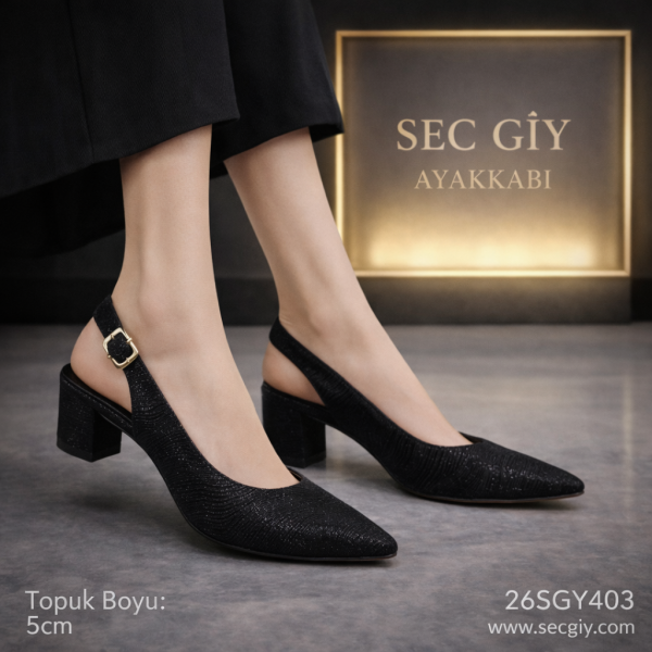 Siyah Simli 5 cm Topuklu Slingback Kadın Ayakkabı – Kalın Topuk Tokalı Model