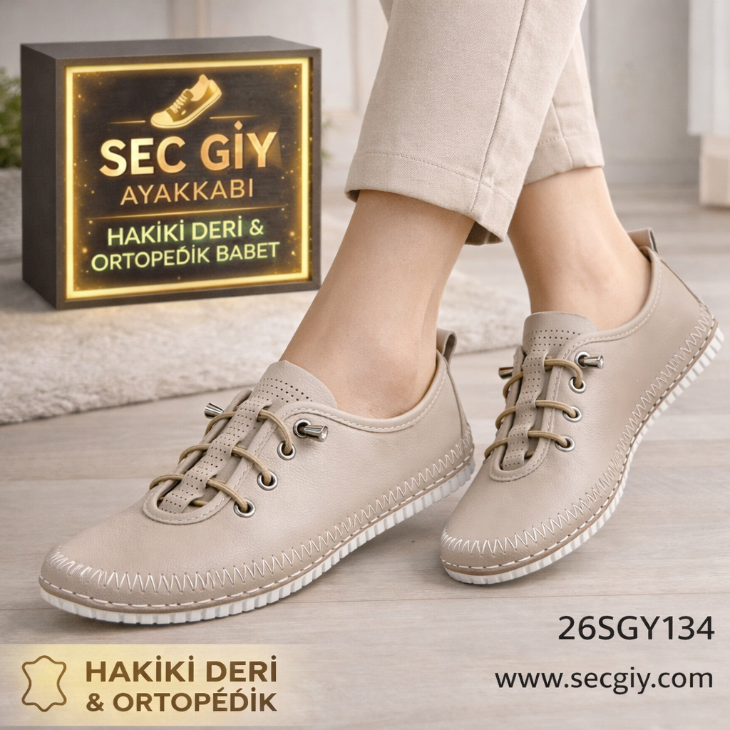 Bej Hakiki Deri Ortopedik Bayan Babet – Günlük Rahat Ayakkabı